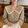 Корейский кружевной цветок пэчворк старинные печатные блузки женщины отключить воротник слойки с длинным рукавом свободные блусы сладкая весенняя рубашка 210422