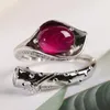 Кластерные кольца серебряные украшения лист растения капля вода рубиновые женские модели в стиле ретро элегантная открытое кольцо5289278