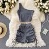 Foamlina Casual Women 2 Piece Set Solid Summer Fashion One Shoulder Sleeveless Crop Top and Drawstring Shorts Workout Tracksuits 210721