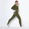 Women Seamless Yoga Set Gym Fitness Leggings Hollow Out Cropped Shirts Sport Suit Long Sleeve Tracksuit Sets 210813