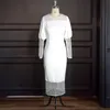 Kvinnor White BodyCon Dress Patchwork Mesh Hollow Out Long Lantern Sleeves Elegant Classy Ladies Vestidos Mante African Fashion Cas8135609