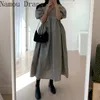 2021 vrouwen zomer vintage elegante grijze losse lange jurk bladerdeeg mouw onregelmatige taille ruche maxi sundress x0521