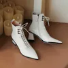 Meotina Ankle Boots Women Shoes Genuine Leather High Heel Short Boots Pointed Toe Thick Heels Zipper Lace Up Fashion Boots Beige 210608
