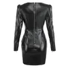 Swtao Women Sexy Fashion Long Sleeve V Neck Black Leather Dress Elegant Celebrity Bodycon Party Vestido 210527