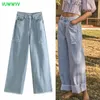 VUWWYV bleu Baggy déchiré jean pour femmes été jambe large femme taille haute mode Streetwear pantalon tourner vers le haut garniture 210430