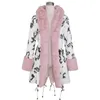 Kvinnor Parka Hooded Fur Parkas förtjockad överrock Varm Vinterrock Tryckt Drawstring Long Jacket Plus Size 210513