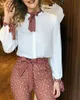 Byxor Sätta Casual Women Two Piece Set Outfits Office Workwear Print Bundet detalj Top Polka Dot Sleeve Style Kläder Längd Ålder X0428