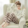 Flannel Pajamas Nightwear Sleepwear Set Winter Warm Simple Long Sleeve Leisure Pure Color Lovely Women Home Wear Suit 210622