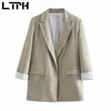 Curled Sleeve Design Women Blazer Casual None Button Cardigan Blazers och Jackor Linne Lady Suit Coat Spring 210427