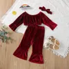 Enfants Vêtements Ensembles Filles Golden Velvet Tenues Enfant Tops à l'épaule + Pantalon évasé + Bandeau Bur 3pcs / Set Spring Automne Fashion Vêtements de bébé