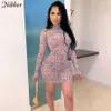 Nibber Autumn Stylish Print Graphics See Through Mini Dress Women Bodycon Basic Streetwear Club Party Sexy Mesh Hip Dress Female Y0726