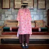 Johnature vintage ramie dress a-line a tre quarti manica autunno o-collo sciolto stampa casual da fiore in lino da donna abito da donna 210521