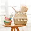 Paniers de rangement en bambou faits à la main jonc de mer en osier jardin Pot de fleur conteneur à linge porte-jouet avec gland blanc 210609