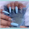 Nail Art Salon Salute Bellezza24Pcs Bara lunga Unghie finte Sky Blue Powder Laser Farfalla Manicure Patch Pre Design Acrilico Full Er Baller