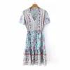 Платье Летние шикарные винтажные цветочные печать женщин с коротким рукавом плиссированные мини женщина эластичный пояс талии Vestidos 210430