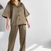 Hiloc Solid Drop Sleeves Pajama Turn-down Collar 2 Piece Set Kvinnor Pyjamas med byxor Vår Djup V-Neck Sleepwear Satin 210809