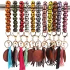 Wood Bead Keychain With Tassel Printed Beads Bracelet Party Favor Plaid Wooden Key Ring Board Wrist Keychains Pendant