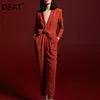 DEAT New V-neck Long Sleeve High Waist Loose Fit Fashion Tide Women Red Lace UP Pockets Office Lady Thin Jumpsuits 7E0246 210428