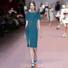 Projektant mody Letnie Party Elegancka Niebieska Sukienka Damska O-Neck Łączenie Krótki Rękaw Frezowanie Slim Midi Vestidos 210524