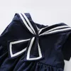 Sommar 3-10 11 12 år Tonårsbarn Sailor Collar Blå Vit Militär Baby Kids Navy Style Ärmlös Klänning För Tjejer 210529