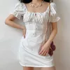 Lucyever Yaz Beyaz Zarif Kare Yaka Elbise Kadın Moda Ruffles Puf Kollu Mini Elbiseler Kadın Parti Elbise Lady 210521