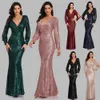 Sexig V-ringning sjöjungfru aftonklänning Lång formell promfestklänning full paljetter långärmad galadress vestidos kvinnor klänningar 2022