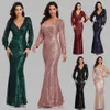 Sexy V-ausschnitt Meerjungfrau Abendkleid Lange Formale Prom Party Kleid Voller Pailletten langarm Galadress Vestidos Frauen Kleider 2022