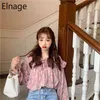 Spring Korean Fashion Tops Plissé Champignon Élégant Floral Chemises En Mousseline De Soie Blouse À Manches Longues Femme Rose Vêtements Mignons 5A422 210429