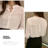 Spring Simple Solid V-neck Long-Sleeve Chiffon Blouse Female Pure White Shirt Women's Casual Loose Slim 8969 50 210427