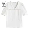 Fansilanenオフィスレディフランス人形襟ホワイトブラックシャツ夏半袖パフトップ女性ブラウス210607
