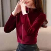 Velvet Tshirt Women Pleuche Mock Neck Embroidery Long Sleeve Tops For Fall Winter Bottoming T09403W 210421