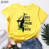 JCGO Fashion Summer T Shirt Women Plus Size 5XL Cotton Halloween Witch Print Female Short Sleeve Tshirts Casual Lady Tops Tee 210623