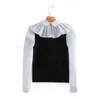 Spring Women Bow Tie Black White Splicing Blouse Female Nine Quarter Sleeve Shirt Casual Lady Loose Tops Blusas S8357 210430