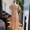 Lato Koreańska Elegancka Koronka Long Maxi Dress Kobiety Latarnia Rękaw O-Neck Wysoka Talia Plisowane Suknie Party Moda Vestidos 210513