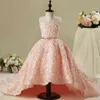 Flower Girl Dress Wedding Princess Pink Lace Long Trailing Dress Girls Party Communion Dress Kids Birthday Clothing Custom Made G1218