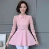 M-5XL Plus Size Lace Lange Blouses Tunieken Tops met Riem Vrouwen Mouw Turn-Down Kraag Kantoor Elegante Koreaanse Shirts Blusas 210513