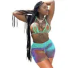 Colorful Hollow Out See Through Mesh Two Piece Outfits Women Sets Clothes Black Girl Bra Top Biker Shorts Lounge Wear 210525
