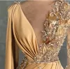 Arabic Gold Mermaid Sexy Evening Dresses Beaded Crystals Prom Dresses High Split Formal Party Second Reception Gowns Plus Size