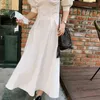 Vintage Koreanische Stilvolle V-ausschnitt Lange Maxi Kleid Vestidos Frauen Puff Sleeve Lace-up Belted Plissee Mode Casual Kleider 210513