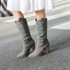 Winter Knee High Boots Women Buckle Thick Heel Western Pleated Pointed Toe Shoes Ladies Autumn Plus Size 4-12 210517