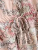 Bohemia Open Buttons V neck Floral Print Dress Split Woman Tie Bow Adjust Waist Hem Slit Long Sleeve Dresses BOHO Beach 210429