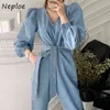 V Neck Długi rękaw Pullover Kombinezony Kobiety Wysoka Talia Hip Sashes Denim Body Urządzenia Femme Spring SIM Playsuits 210422