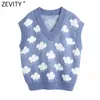 Zevity WomenファッションVネッククラウドパターン編みセーター女性ノースリーブカジュアルスリムベストシックレジャープルオーバートップS669 211018