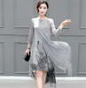 Silk Fashion 2021 Vintage Print Floral Dress Female Elegant O-Neck Long Summer Dresses Loose Casual Grey Vestidos WXF745