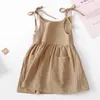 한국 스타일 신생아 여자 공주 드레스 민소매 포켓 솔리드 컬러 코튼 린넨 캐주얼 패션 의류 키즈 드레스 Q0716