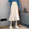 Lucykever damska dzianiny syrenka spódnica koreańska moda wysoka talia midi spódnica kobieta jesień zima vintage brązowe spódnice liniowe 211120
