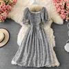 LoveFlowerLife Sommer Vintage Blumendruck Kleid A-Linie Puffärmel Hohe Taille Mitte Der Wade Elegante Frauen Kleider 210521