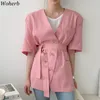 Summer Korean Fashion Women Jacket Short Sleeve V-neck Bandage Tops Pink Coat Casual Solid Ladies Outwear 210519