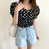 Korejpaa Women Set Summer Korea Chic Square Neck Pleated Polka Dot Puff Sleeve Shirt High Waist Straight Blue Denim Pants 210526