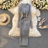 Pembe Kazak Elbise Kadınlar Zarif Button-Up V Yaka Uzun Kollu Bodycon Seksi Vestidos Sonbahar Kış Slim Robe 210603